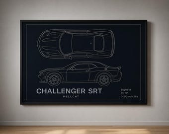 Dodge Challenger SRT Hellcat Blueprint Art | Nowoczesny plakat muscle car (do pobrania na bieżąco)