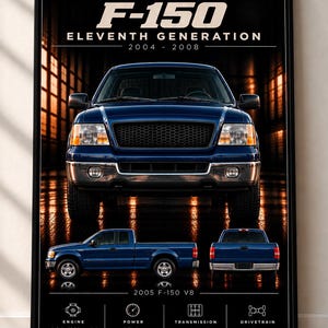 May include: A framed poster featuring a blue F-150 truck from the eleventh generation, 2004-2008. The print displays front, side, and rear views of the vehicle, along with technical specifications including a 4.6 L (281 cu in) Triton V8 engine.