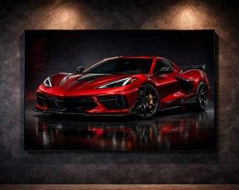 Plakat z czerwonym supersamochodem Corvette C8 Z06 | Nowoczesna sztuka muscle carów (pobranie cyfrowe)