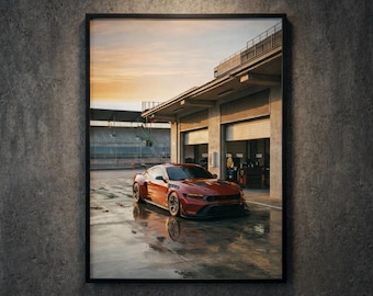 Plakat Mustang GTD – pionowy i poziomy, czerwony supercar Track Art (do pobrania w wersji cyfrowej)