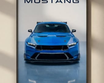Plakat Mustang GTD 2025, grafika ścienna z ciemnym supersamochodem (do pobrania cyfrowego)