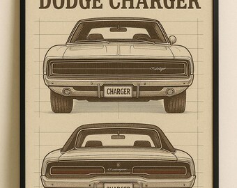 Grafika z linii Dodge Charger w stylu vintage: Wystrój garażu w stylu retro (Pobieranie cyfrowe A2/A3/A4/A5)