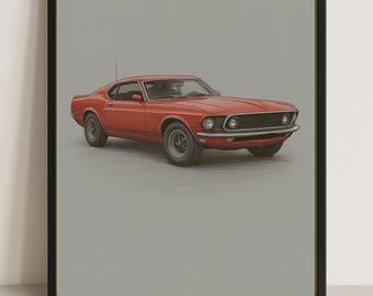 Plakat przedstawiający Forda Mustanga Fastback z 1969 roku: Sztuka klasycznych muscle carów (pobranie cyfrowe)