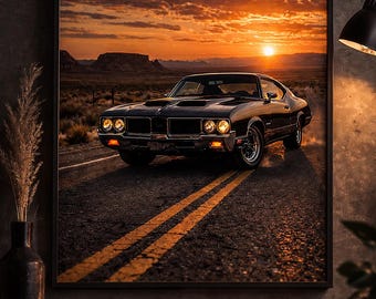 Plakat Oldsmobile 442 z 1970 roku, grafika ścienna z zachodzącym słońcem w samochodzie typu muscle car (pobranie cyfrowe)