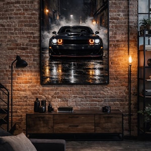 Dodge Challenger Hellcat-affisch, mörk gatubilskonst (digital nedladdning)