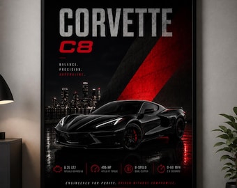 Plakat Corvette C8 2020 | Czarny Stingray Supercar Wall Art (dekoracja garażu)