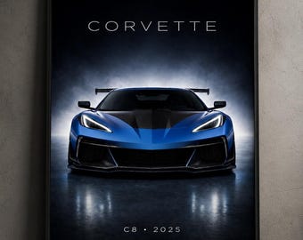 Plakat z supersamochodem Corvette C8 ZR1 z 2025 roku – metaliczny niebieski, samochodowy, ścienny