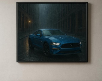 Plakat z Fordem Mustangiem | Moody Rain, filmowy plakat samochodowy (do pobrania natychmiast)