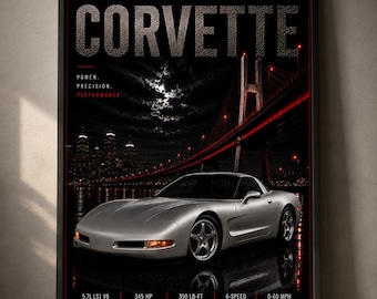 Plakat Corvette C5 z 1997 roku, srebrny amerykański muscle car, wydruk ścienny