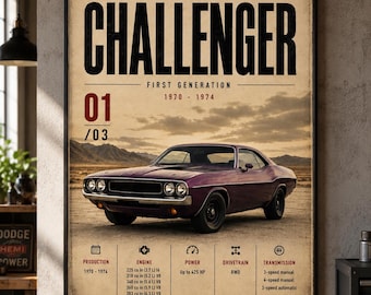 Plakat Dodge'a Challengera pierwszej generacji z lat 1970–1974 – wydruk Muscle Car (pobranie cyfrowe)