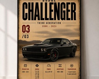 Plakat Dodge Challenger trzeciej generacji, wydruk specyfikacji czarnego muscle cara