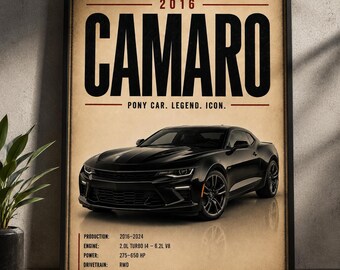 Plakat Camaro szóstej generacji – amerykański muscle car z lat 2016–2024 (do pobrania w wersji cyfrowej)