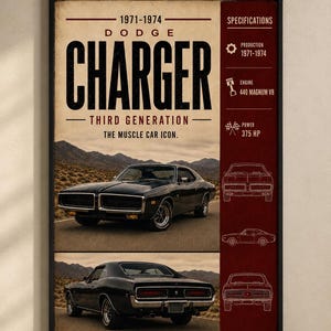 May include: A framed poster featuring a black 1971-1974 Dodge Charger. The text reads 1971-1974 DODGE CHARGER THIRD GENERATION THE MUSCLE CAR ICON. A red sidebar lists specifications including production years, 440 Magnum V8 engine, and 375 HP.