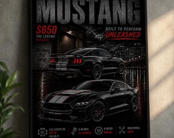 Plakat z Fordem Mustangiem GT S650 z 2024 roku | Grafika ścienna z czarnym muscle carem (do pobrania cyfrowego)
