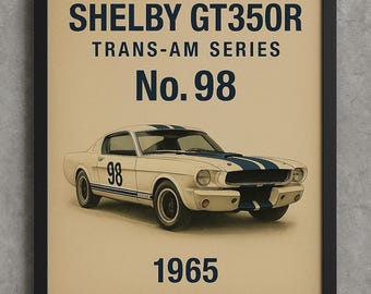 Plakat przedstawiający samochód wyścigowy Shelby GT350R: Vintage Trans-Am Art Print (do pobrania cyfrowego)