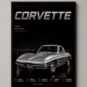 May include: A black framed poster featuring a silver 1963 Corvette. Text includes 1963, CORVETTE, POWER, PRECISION, PERFORMANCE, and technical specifications like 5.4L V8, 360 HP, 352 LB-FT, 4-SPEED MANUAL, 0-60 MPH 5.8 SECONDS, and THE ICON IS BORN.
