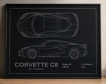 Plakat z planem Chevroleta Corvette C8 Stingray | Minimalistyczna sztuka ścienna z motywem samochodu
