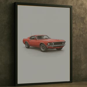 1969 Ford Mustang Poster – Vintage Muscle Car Wall Art, Modern Rustic Decor, Garage or Office Digital Print