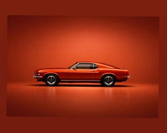 Plakat z Fordem Mustangiem Fastback z 1969 roku – minimalistyczna grafika ścienna z muscle carami (do pobrania w wersji cyfrowej)