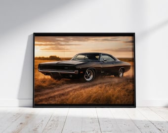 Póster del Dodge Charger Sunset Dust de 1969: Arte de pared de autos clásicos deportivos.