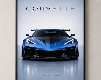 Affiche de la supercar Corvette C8 ZR1 bleue 2025 | Décoration murale moderne pour garage