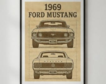 Plakat z planem Forda Mustanga z 1969 roku: Sztuka klasycznych muscle carów (do pobrania w formacie cyfrowym A2-A5)