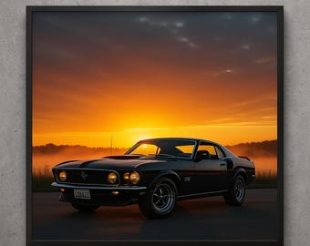 Impressão do pôr do sol do Ford Mustang 1969: arte clássica de muscle car (download digital)