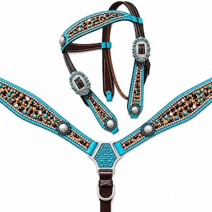 May include: A brown leather horse bridle and breast collar set featuring bright turquoise leather trim, silver-toned metal conchos, and inlaid black and turquoise stones. The set includes adjustable buckles and a central triangular plate.