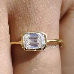 Bezel Set Solitaire Engagement Ring, East West Emerald Cut Moissanite Ring, 14K Gold Wedding Jewelry, Modern Womens Ring, Anniversary Gift