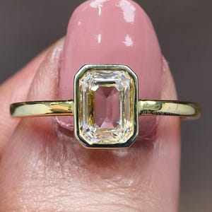 Emerald Cut Moissanite Engagement Ring, 14k Gold Bezel Set Solitaire Ring, Womens Wedding Jewelry