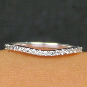 Dainty Moissanite Wedding Band, Curved Pave Set White Gold Ring, Minimalist Stackable Ring, Gift