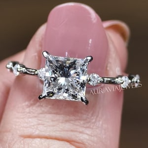 Princess Cut Moissanite Engagement Ring: 18K White Gold Pave Setting