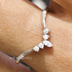 Moissanite Chevron Wedding Band, White Gold V-Shaped Crown Ring, Marquise and Round Curved Band