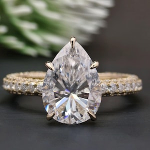 Vintage 4.24 CT Pear Cut Moissanite Ring, Hidden Halo Engagement Ring, Unique Three Side Pave Wedding Ring, Five Claw Prongs, Gift for Women