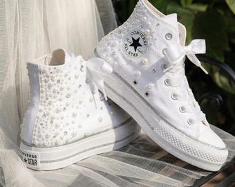 Custom Bridal Sneakers: Pearl High Tops Converse Platform Wedding Shoes