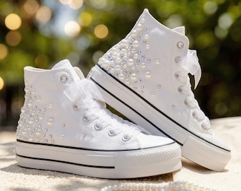 Zapatillas Converse de plataforma con perlas de caña alta para novia, zapatos de boda con bordado de fecha y nombre, zapatillas personalizadas para la novia