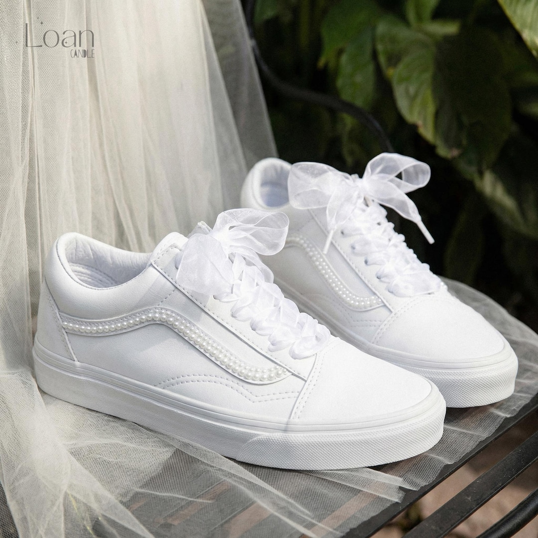 Custom Wedding Vans Bridal Shoes with Pearls, Wifey & Hubby Sneakers - 9.5 US women's