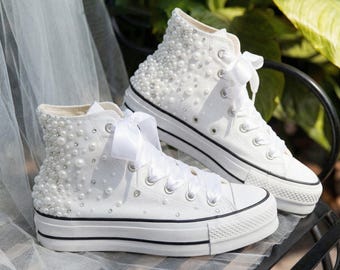 Converse de plataforma alta con perlas para novia, zapatos de boda personalizados para novia, zapatillas de novia