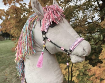 Handmade Light Grey Hobby Horse: Personalized Beaded Halter, Pastel Rainbow Mane