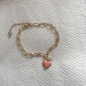 Pink Heart Porcelain Charm Bracelet – Gold Plated Chain, Handmade Ceramic Jewelry, Dainty Gift for Her, Cute Romantic Bracelet