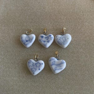Dainty Porcelain Heart Charm – Minimalist Blue Line Drawing Pendant – Handmade Ceramic Jewelry Making Supplies, Gift for Her PRE ORDER
