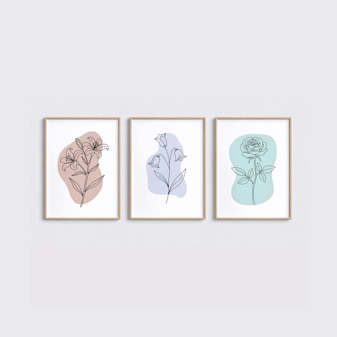 Floral Wall Art Set of 3, Flower Line Art Prints, Minimalist Botanical ...