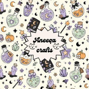 May include: A repeating pattern featuring illustrations of purple candles, glass potion bottles with bows, crystals, pumpkins, and books with moon motifs on a cream background. A central starburst shape contains the text Aneeqa crafts with cat faces.