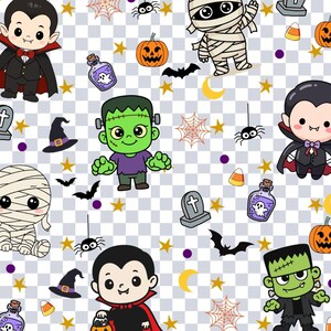 May include: A repeating pattern featuring cartoon Halloween characters including vampires, mummies, and green monsters, interspersed with orange pumpkins, purple potion bottles with ghosts, black bats, spiders, witch hats, and yellow stars.