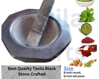 May include: A black stone mortar and pestle set. The mortar is octagonal and has a 6-inch diameter. The pestle is 6-inches tall. Best Quality Taxila Black Stone Crafted.