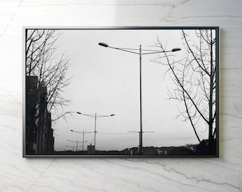 Black and White Film Photography, Lamp Posts, Minimalist Symmetry Print
