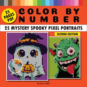 25 Spooky Mystery Pixel Portraits Sheets Second Edition Halloween Color by Number PDF Printable Mosaic Coloring Book for Adults & Kids Gift