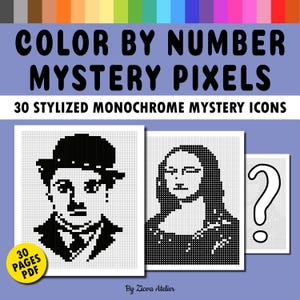 Mystery Color by Number Portraits: 30 Stylized Monochrome Pages (PDF Download)