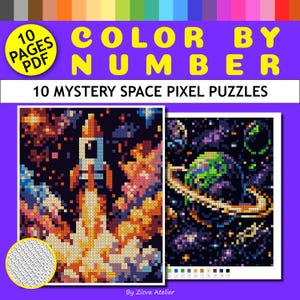 以下が含まれることがあります： 「Color By Number 10 Mystery Space Pixel Puzzles」というタイトルのデジタルPDF塗り絵。宇宙をテーマにした10ページのピクセルアートが含まれています。表紙には、番号付きのカラー正方形で構成された、打ち上げ中のロケットと輪のある惑星が描かれています。