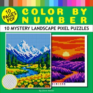 Op de afbeelding: Een digitale kleur-op-nummer activiteitenset met 10 pagina's in PDF-formaat. De omslag toont twee pixel-art landschapspuzzels, één met een bergketen en een weide en de andere een zonsondergang boven een veld, met de tekst Color By Number.